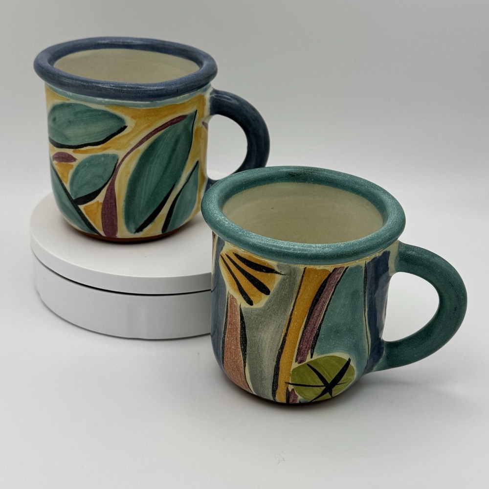 Signed Studio Pottery Redware Mugs Abstract Hand Painted California Style Set‎